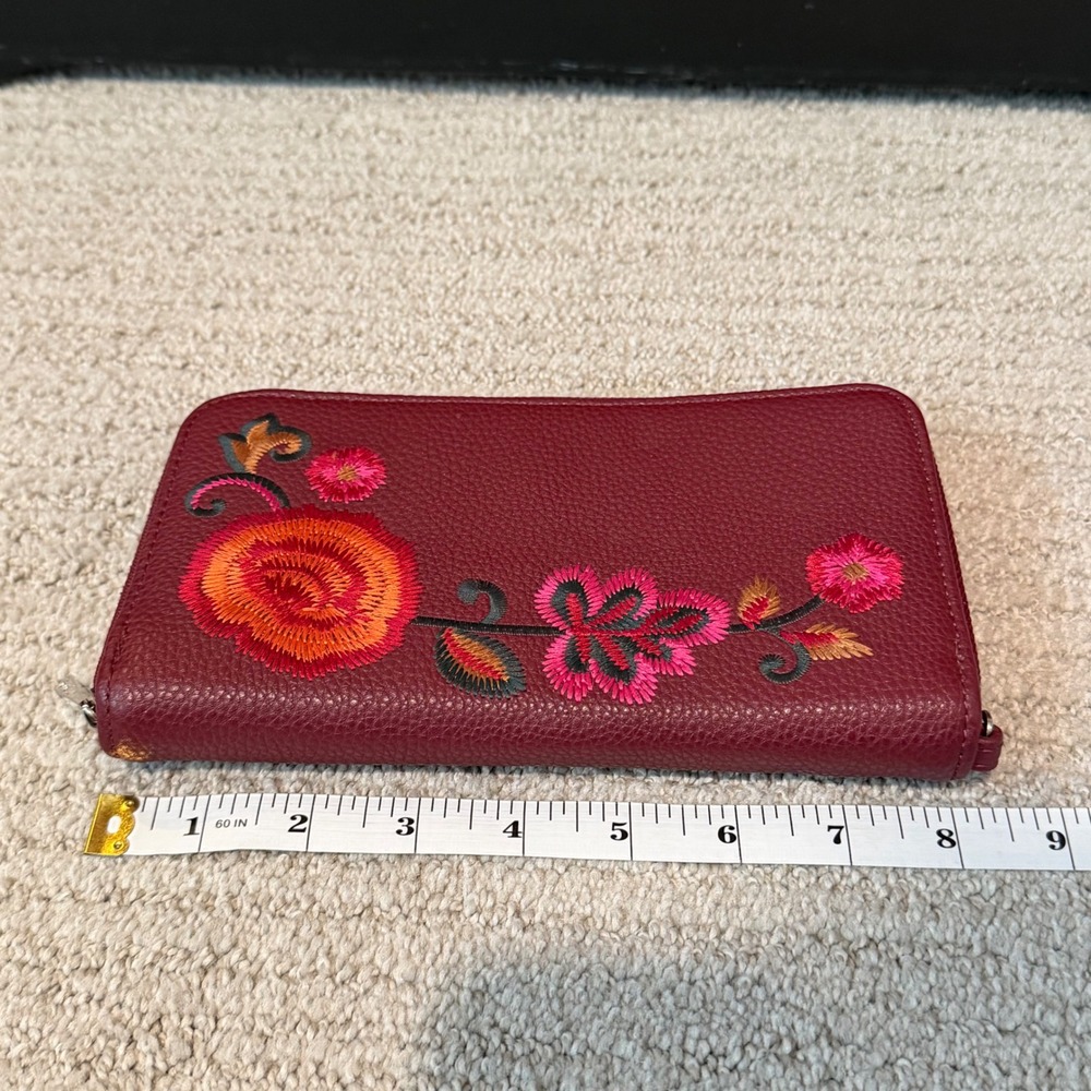 Jewell Burgundy Floral Embroidered Zip Around Wallet Boho Cottagecore Pebbled